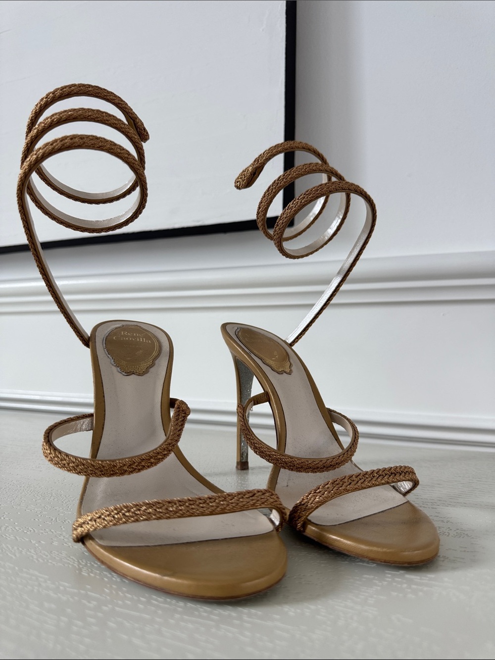 Rene Caovilla Metallic Gold Braided Spiral-Ankle Stiletto Sandals